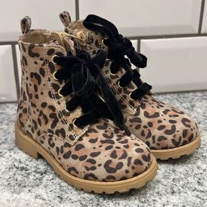Wonder Nation Kid Size 7 Combat Boots Leopard Velvet Laces Side Zip Animal Print
